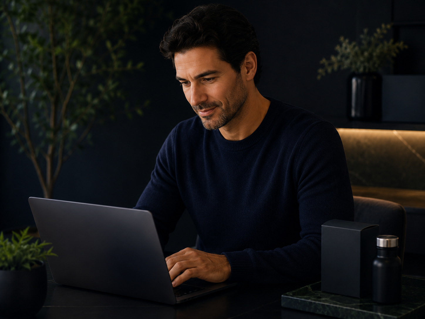 Man completing online questionnaire on laptop