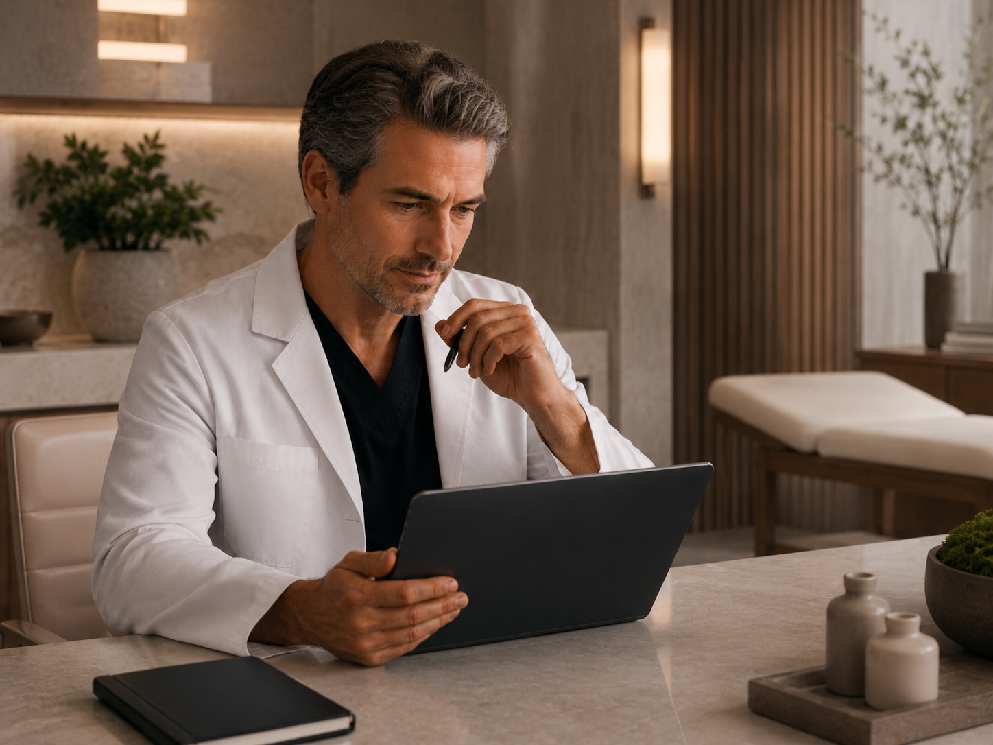 Physician reviewing patient profile on tablet